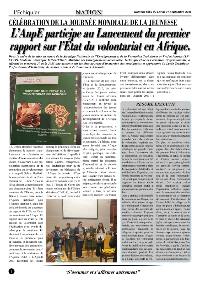 National Agency for Employment in Benin celebrated the launch of the State of Volunteerism in Africa Report.